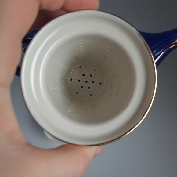 Hall Pottery Blue Gold Aladdin Lamp 6 Cup Teapot Tea Strainer MCM Genie-Inspired - Picture 14 of 16